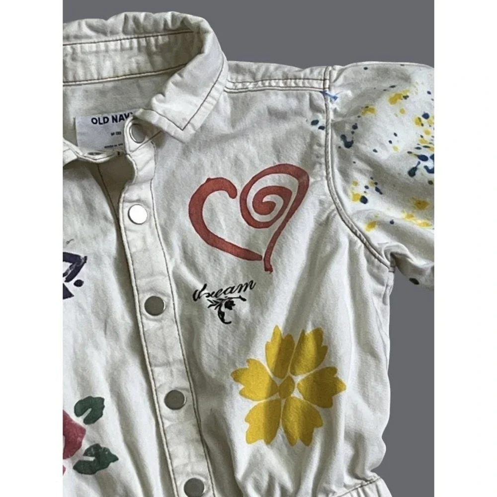 HAND PAINTED Ivory Cotton Romper Shorts Graffiti Art-To-Wear SHORTALLS Girls 8